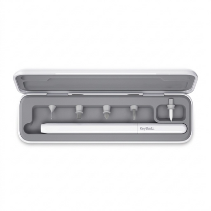 KeyBudz AirCare 2.0 Earbud Cleaning Kit featuring a white storage case with five precision tips.