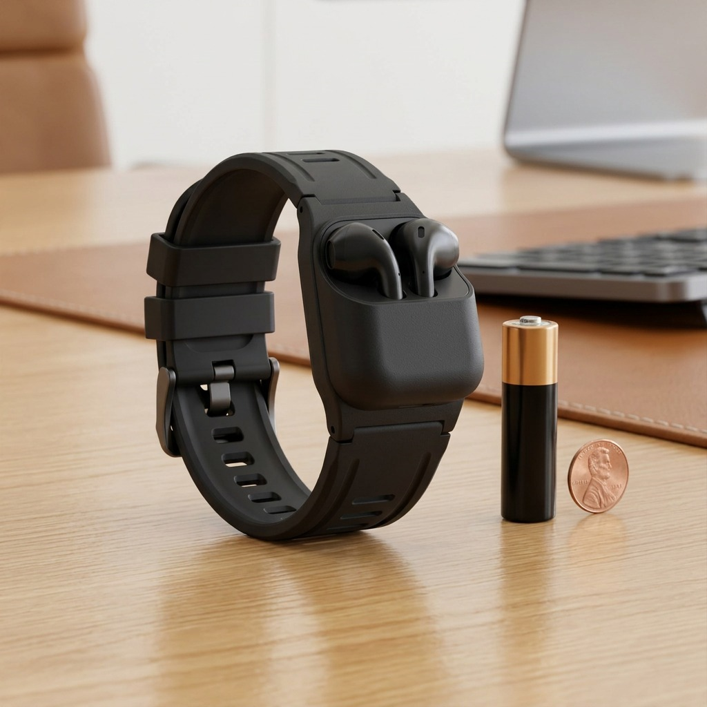 KeyBudz Sync+ Series Watch Strap and AirPod Dock on desk beside a battery and coin for scale.