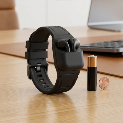 KeyBudz Sync+ Series Watch Strap and AirPod Dock on desk beside a battery and coin for scale.