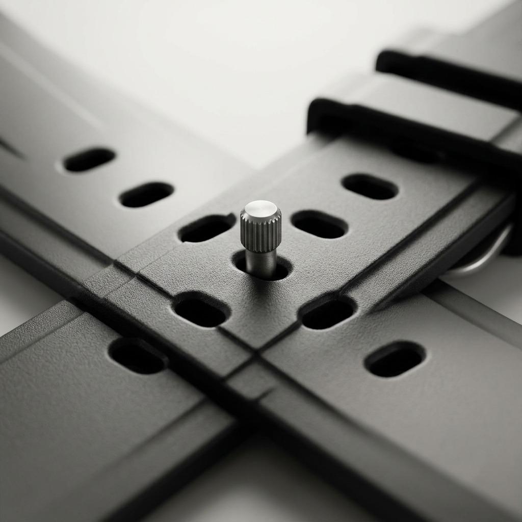 Macro view of the KeyBudz Sync+ Carbon Black Apple Watch strap showing FKM rubber and metal pin.