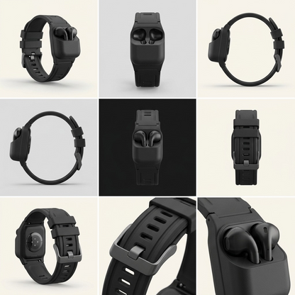 Grid of angles showing the KeyBudz Sync+ Carbon Black Apple Watch strap with integrated AirPods dock.