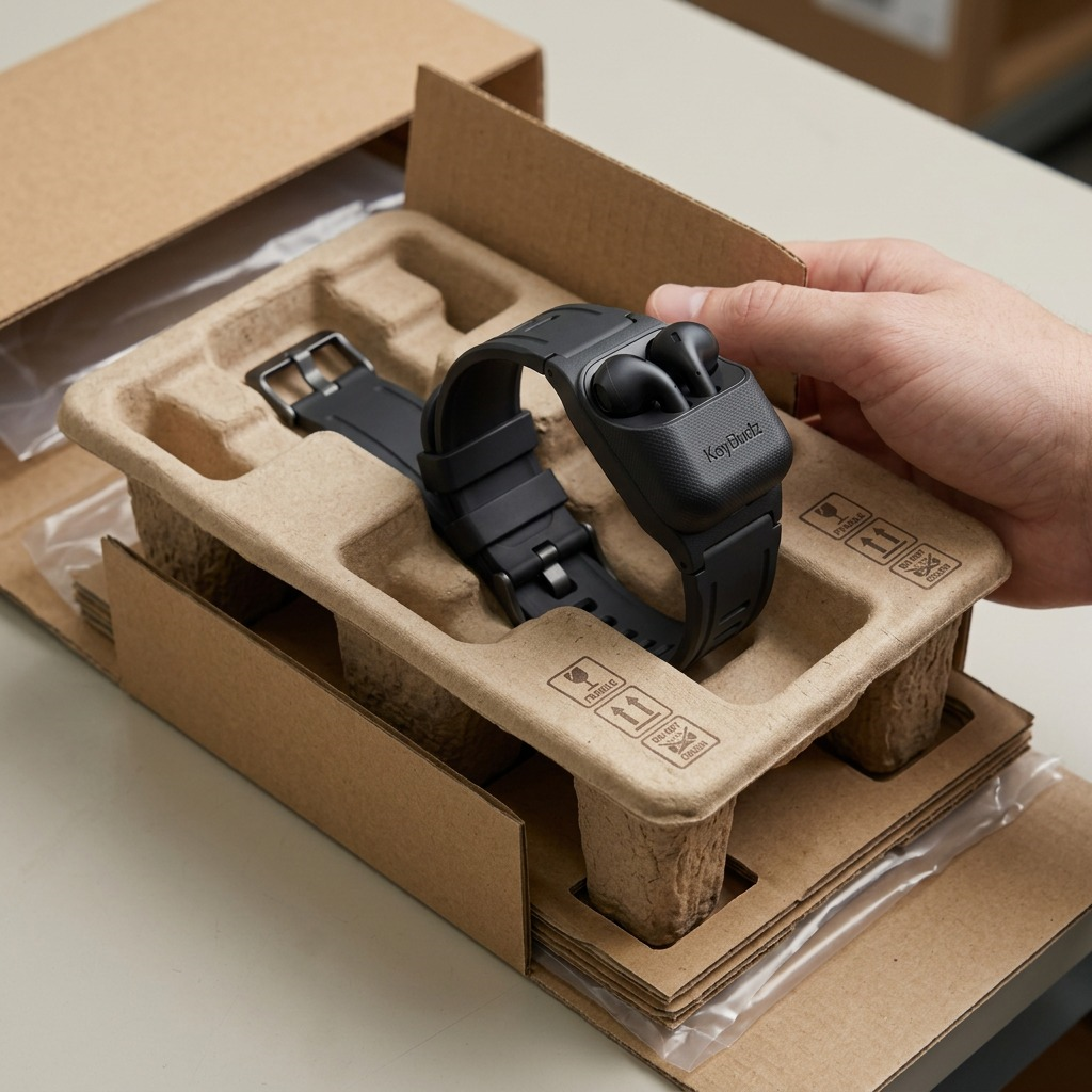 A hand unboxing the KeyBudz Sync+ Carbon Black FKM Apple Watch strap from secure molded packaging.