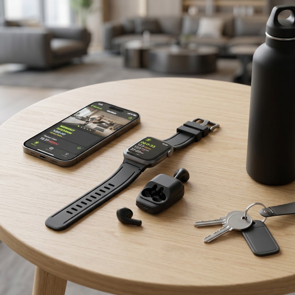 Carbon black KeyBudz Sync+ Series watch strap and AirPod dock on a table with a phone and keys.