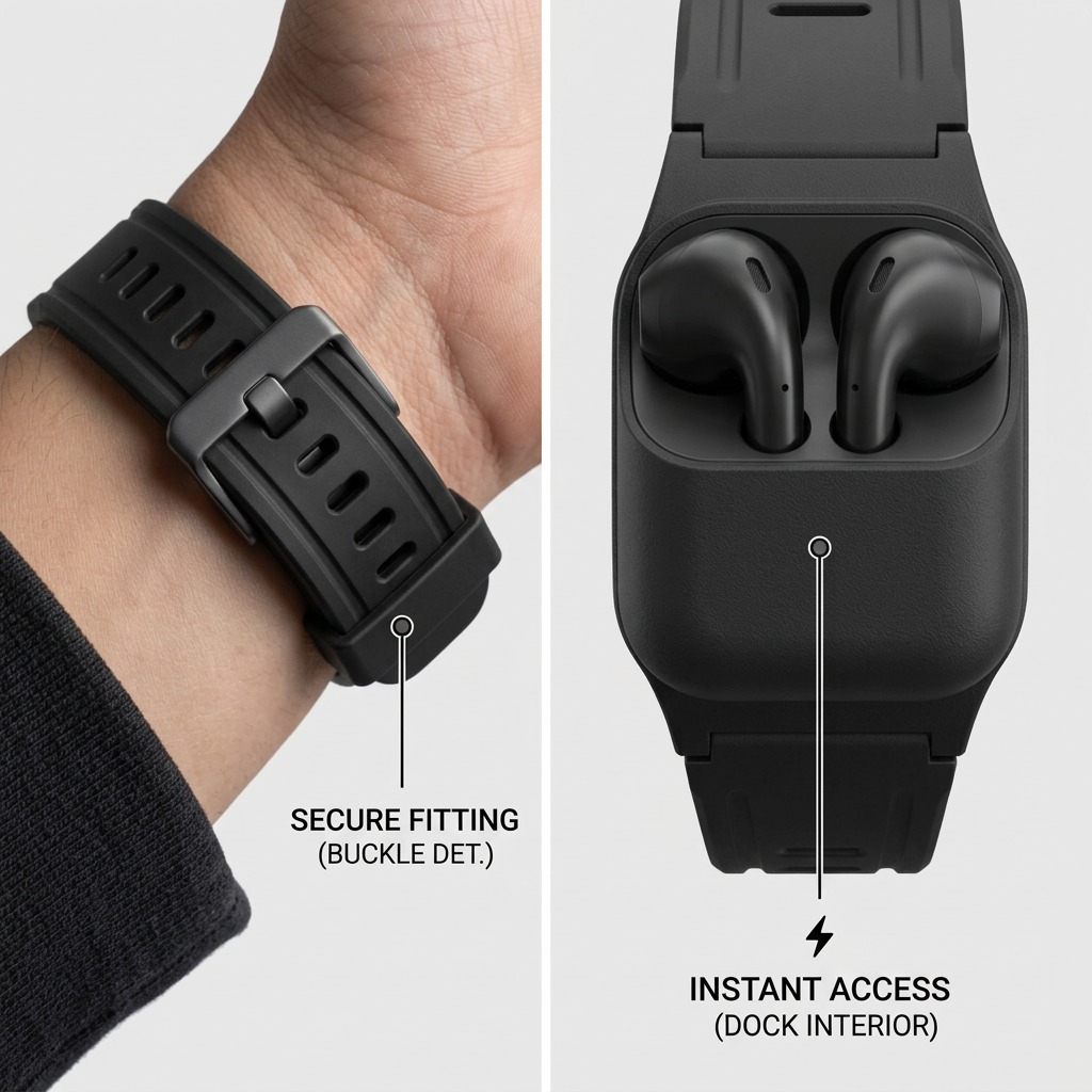 KeyBudz Sync+ Series strap features highlighting the secure buckle and the integrated AirPods dock.