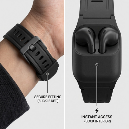 KeyBudz Sync+ Series strap features highlighting the secure buckle and the integrated AirPods dock.
