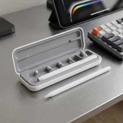 KeyBudz AirCare 2.0 cleaning kit in its case on a desk next to a stylus and keyboard for scale.