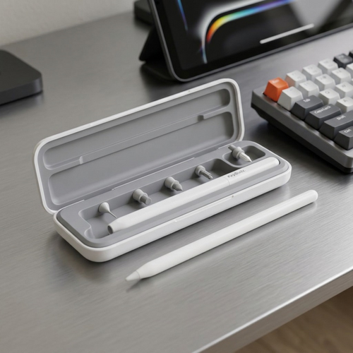 KeyBudz AirCare 2.0 cleaning kit in its case on a desk next to a stylus and keyboard for scale.