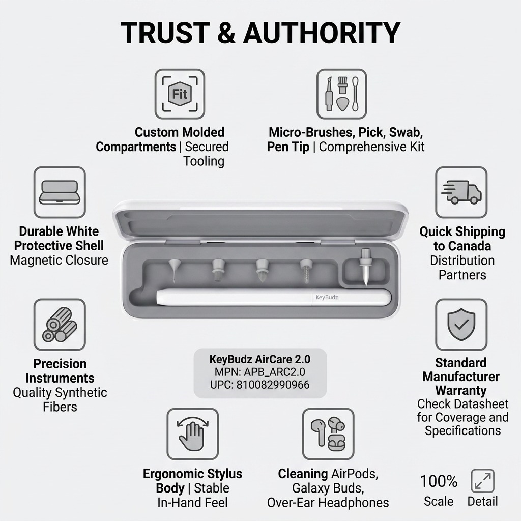 KeyBudz AirCare 2.0 earbud cleaning kit infographic highlighting fit, build, and Canadian shipping.