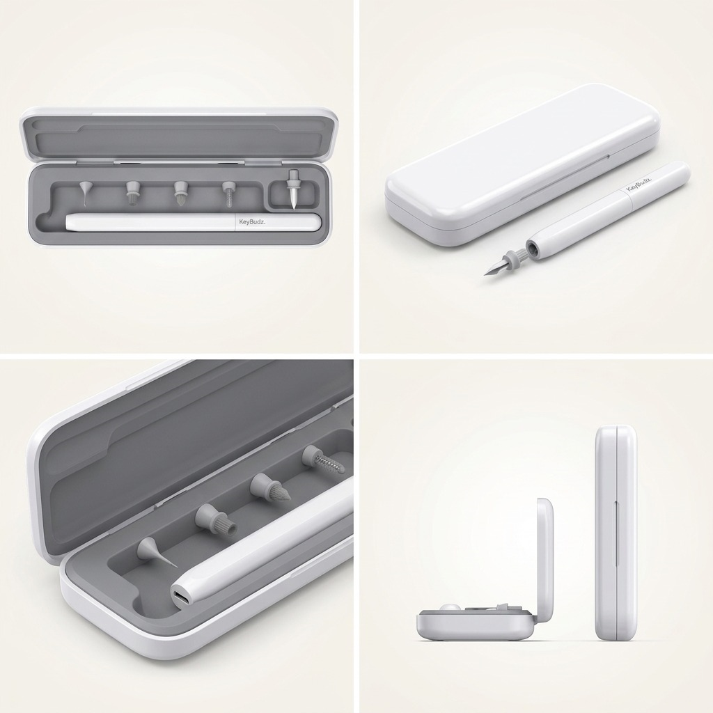 Four views of the KeyBudz AirCare 2.0 Earbud Cleaning Kit showing tool tips, carrying case, and pen.