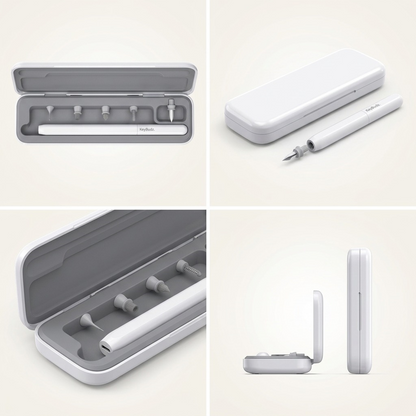 Four views of the KeyBudz AirCare 2.0 Earbud Cleaning Kit showing tool tips, carrying case, and pen.