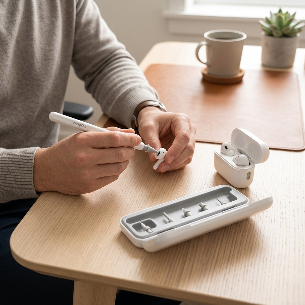 A person uses the KeyBudz AirCare 2.0 kit to clean white wireless earbuds at a wooden desk.