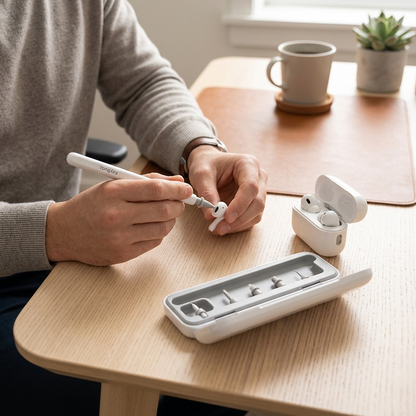 A person uses the KeyBudz AirCare 2.0 kit to clean white wireless earbuds at a wooden desk.