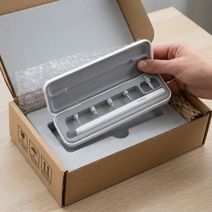 A KeyBudz AirCare 2.0 kit in a white case being unboxed from a retail shipping box with foam and bubble wrap.