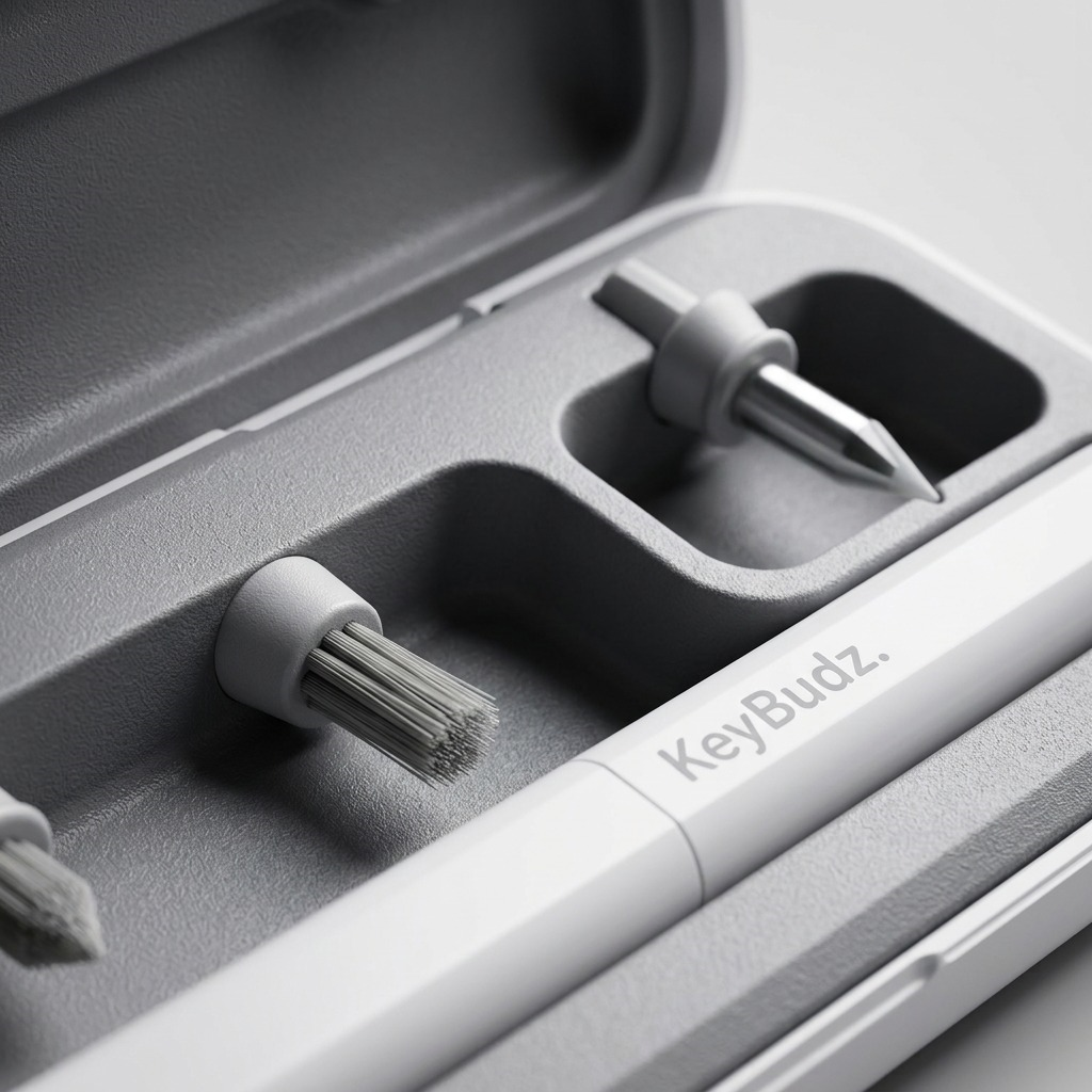 Macro detail of KeyBudz AirCare 2.0 cleaning kit showing soft brush and metal precision tip.