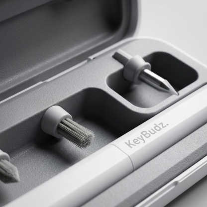 Macro detail of KeyBudz AirCare 2.0 cleaning kit showing soft brush and metal precision tip.