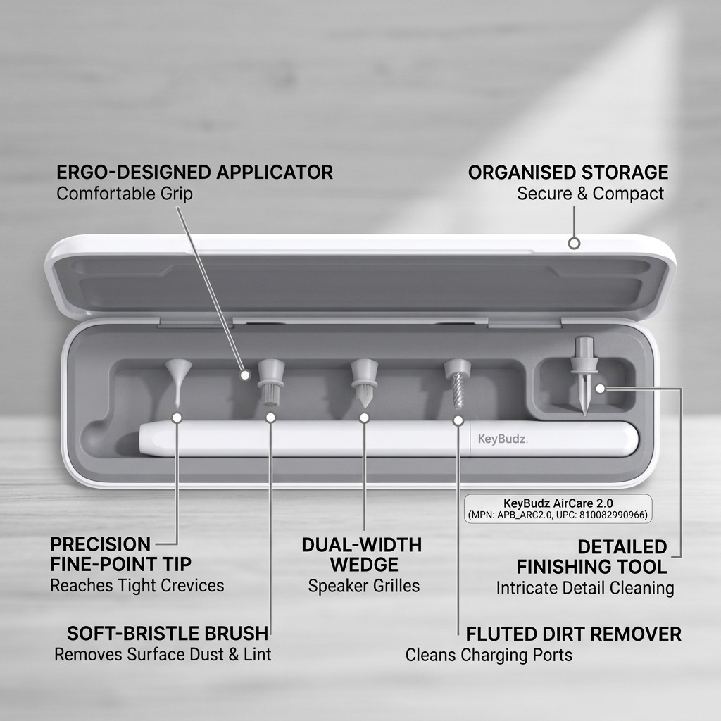 KeyBudz AirCare 2.0 cleaner kit features label callouts for the brush, wedge, and precision tips.