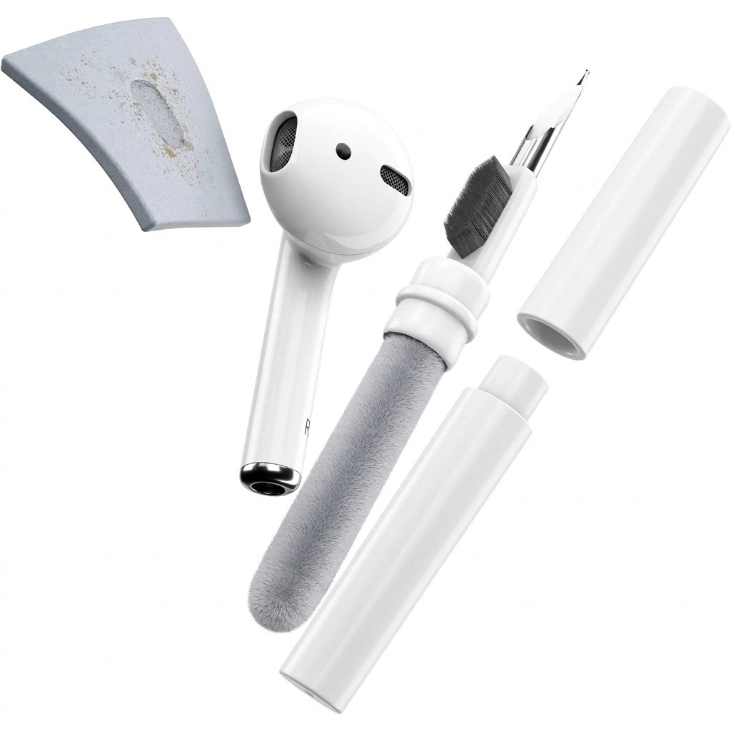 KeyBudz AirCare 1.5 Cleaning Kit featuring a multi-tool brush, cleaning putty, and an AirPod.