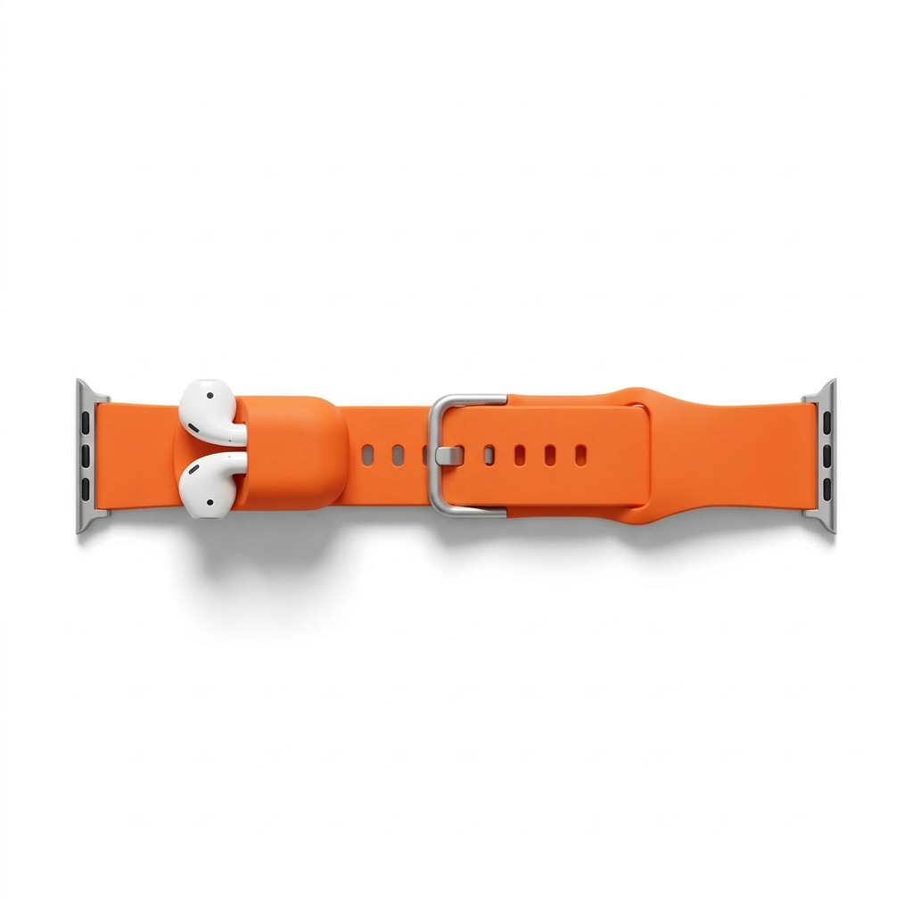 Electric Orange KeyBudz Sync+ Series FKM Apple Watch strap featuring an integrated AirPods dock.