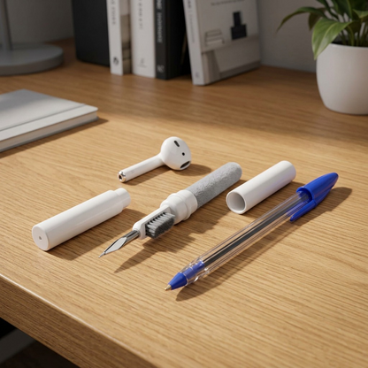 KeyBudz AirCare 1.5 cleaning tool shown beside a pen and earbud on a desk for size reference.