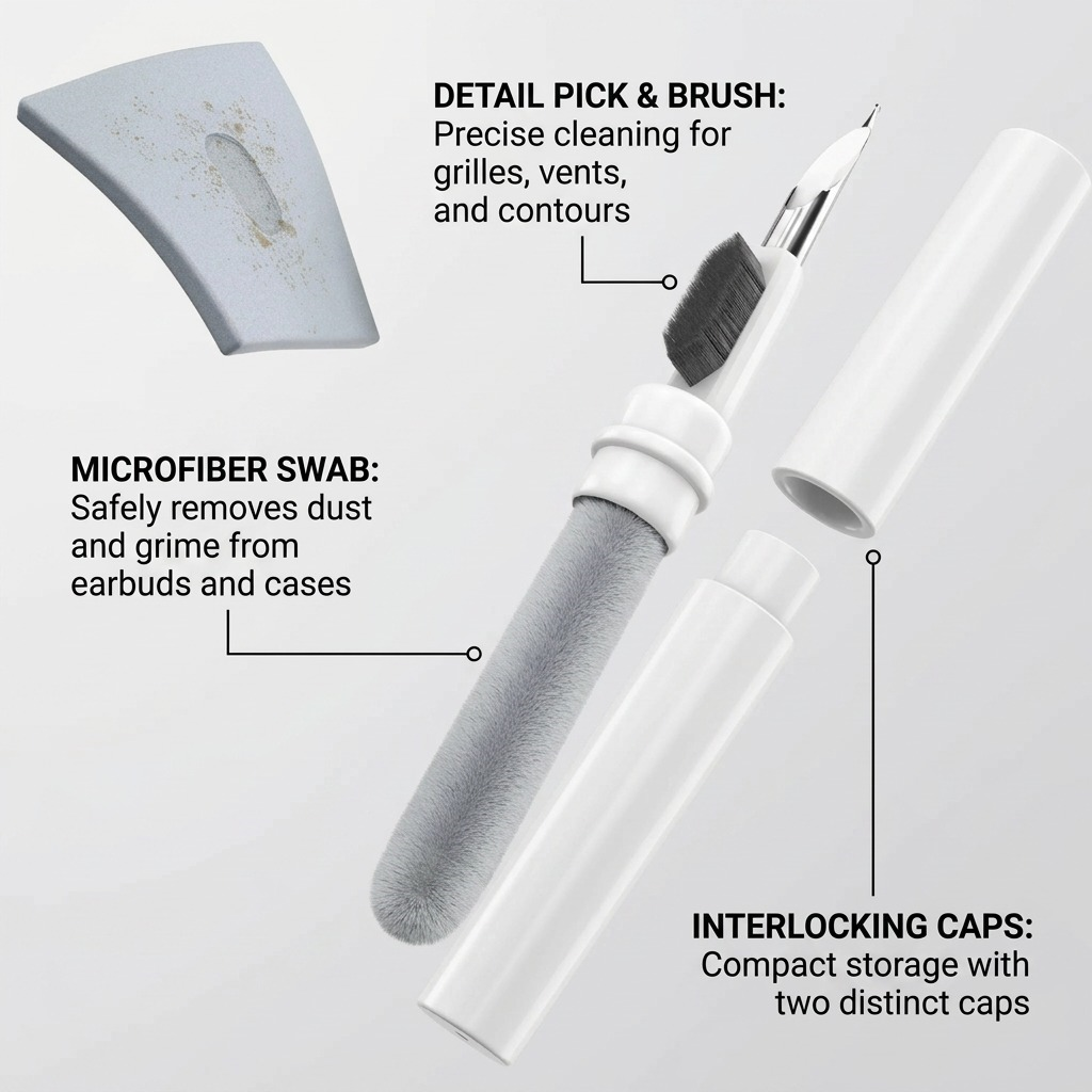 KeyBudz AirCare 1.5 feature diagram showing the detail pick, brush, microfiber swab, and caps.
