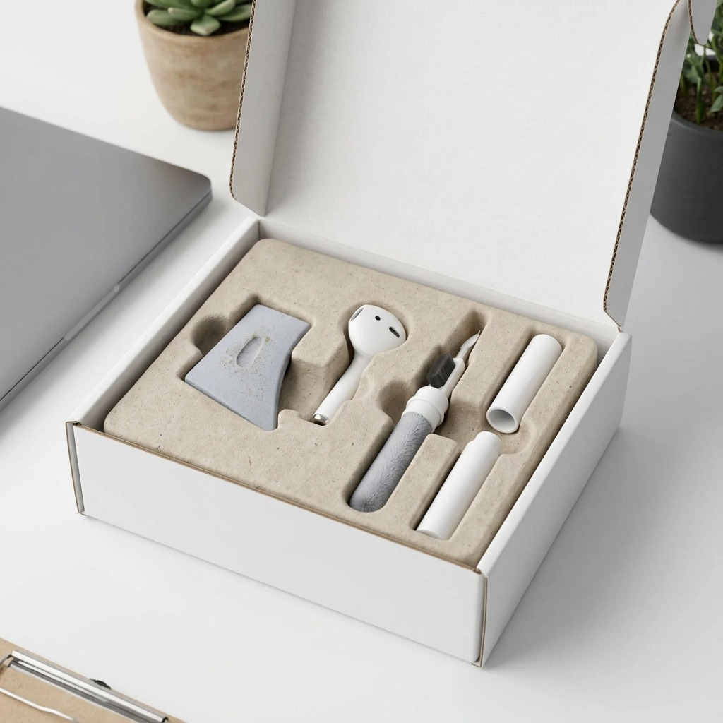 KeyBudz AirCare 1.5 Cleaning Kit components securely organized in a white shipping box insert.