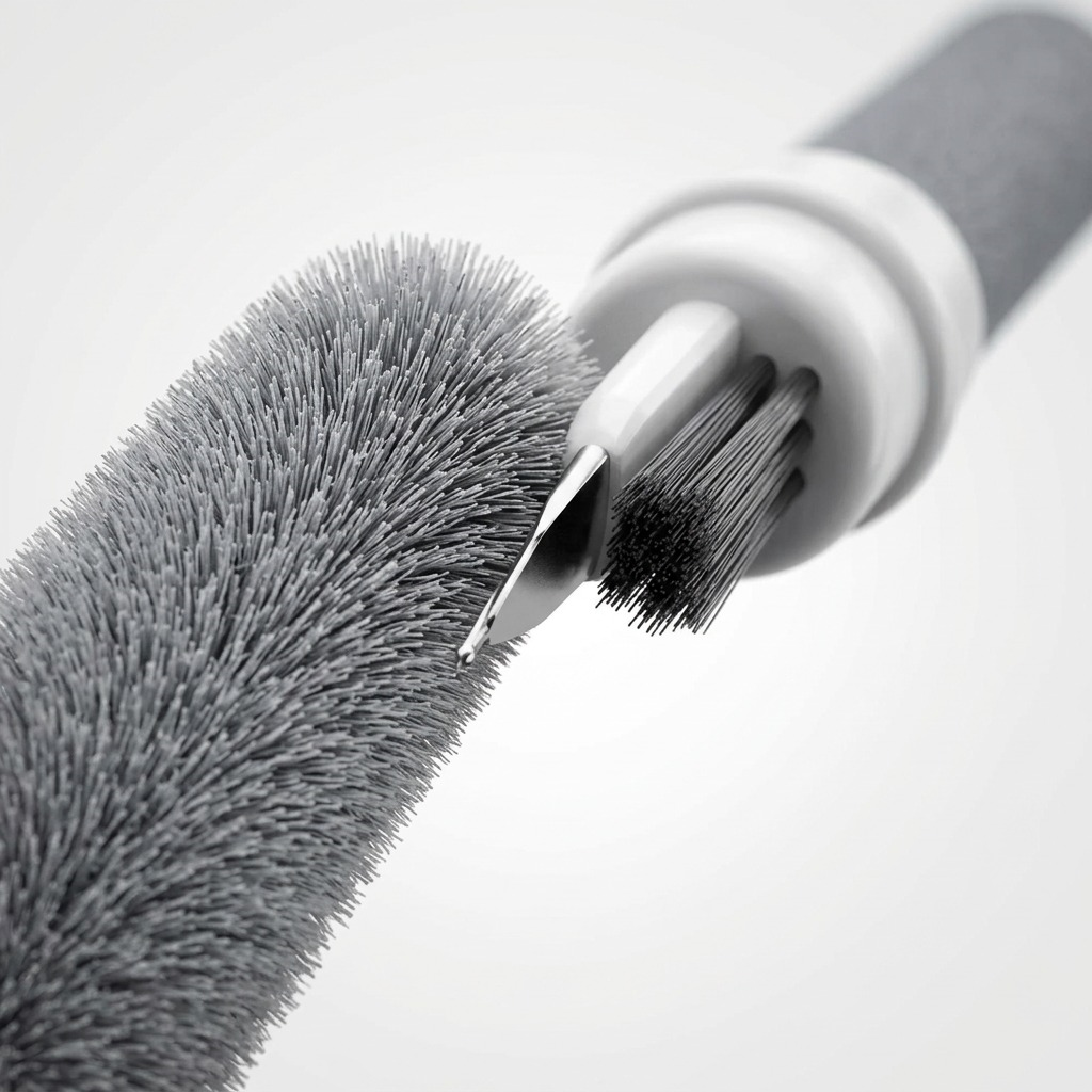 Macro view of KeyBudz AirCare 1.5 cleaning tools: a fine metal tip and dense fiber brush bristles.