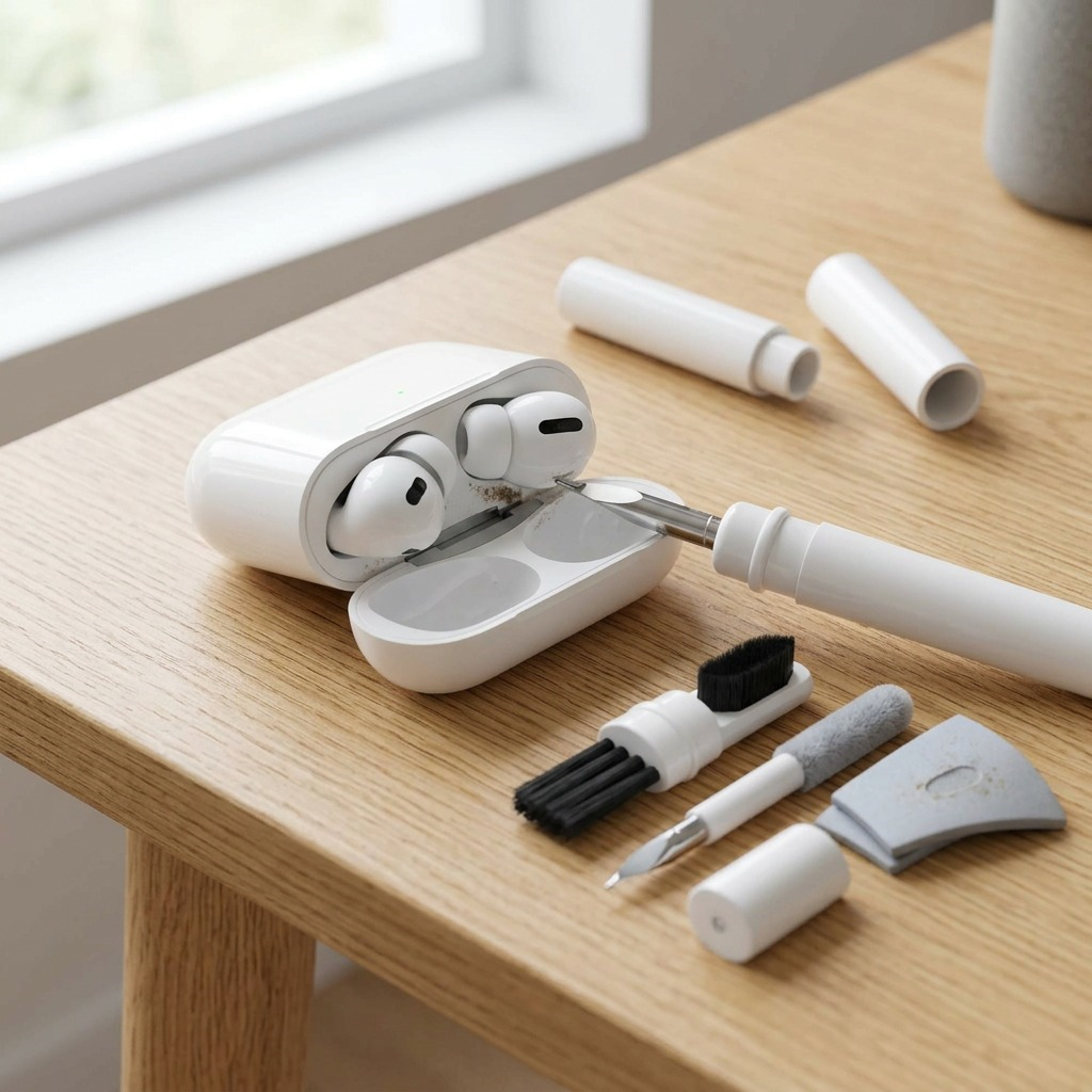 KeyBudz AirCare 1.5 Cleaning Kit tools being used to remove debris from an earbud case on a desk.