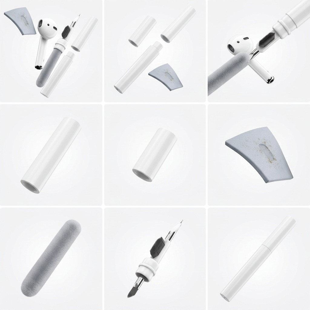 Grid of KeyBudz AirCare 1.5 tools including cleaning pen, brushes, and sponges for AirPods.