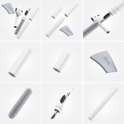 Grid of KeyBudz AirCare 1.5 tools including cleaning pen, brushes, and sponges for AirPods.