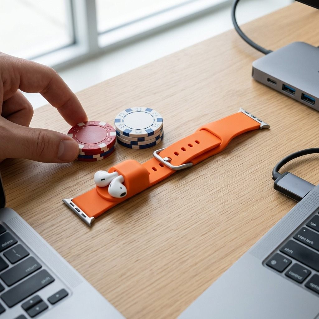Scale of Electric Orange KeyBudz Sync+ Watch Strap on a desk next to AirPods and poker chips.