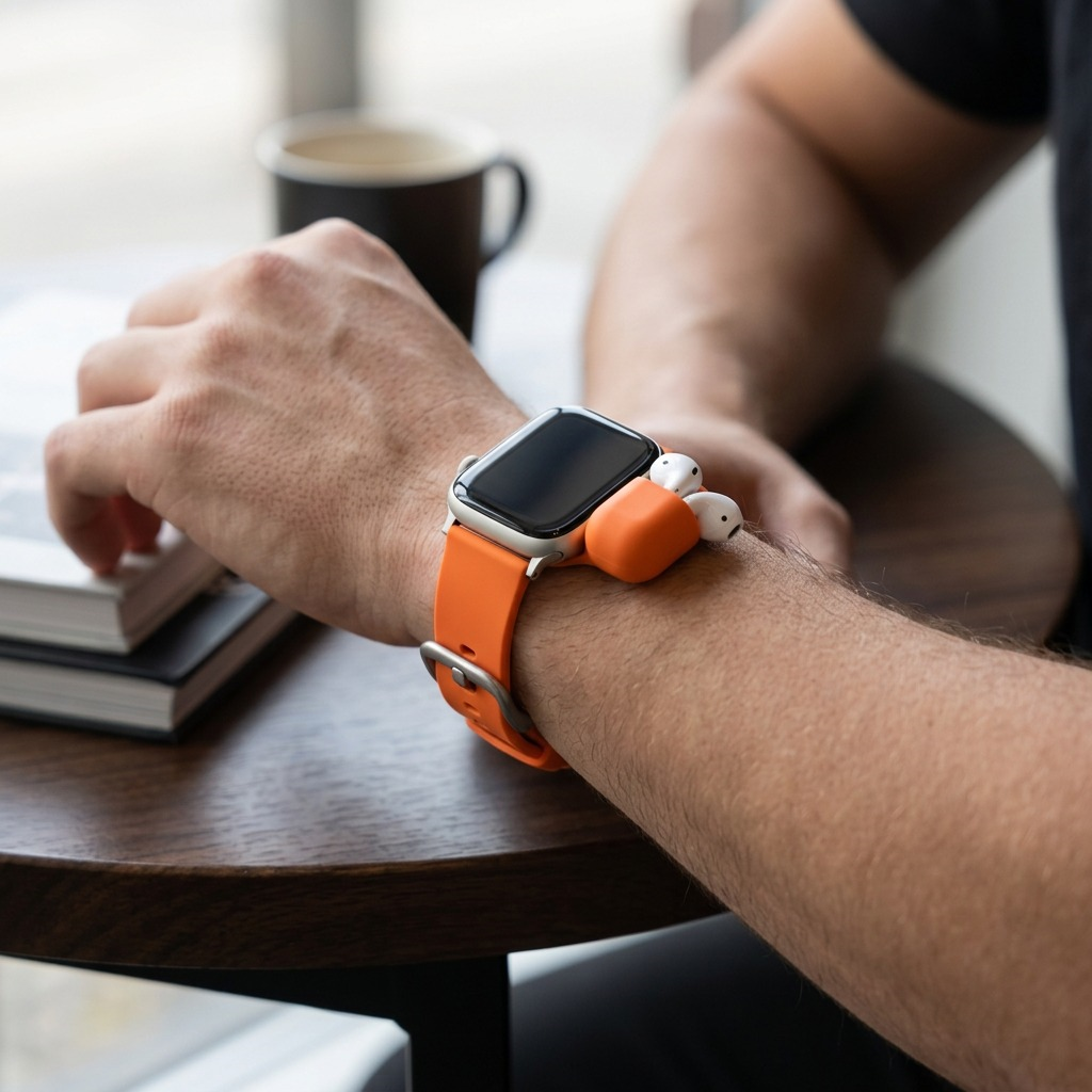 A person wearing the orange KeyBudz Sync+ Series FKM Apple Watch Strap with AirPods docked in the integrated holder.