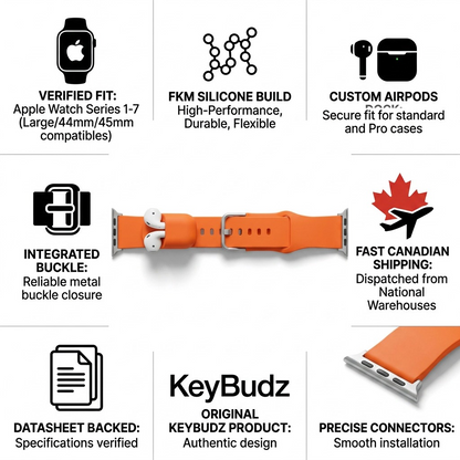 KeyBudz Sync+ Series FKM Apple Watch strap in orange with integrated AirPods dock and metal buckle.