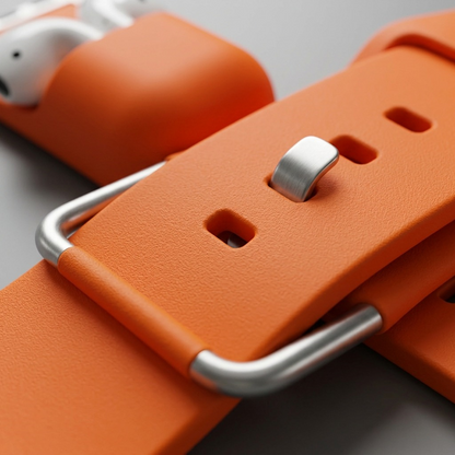 Macro detail of Electric Orange KeyBudz Sync+ Series Apple Watch strap, FKM texture, and dock.