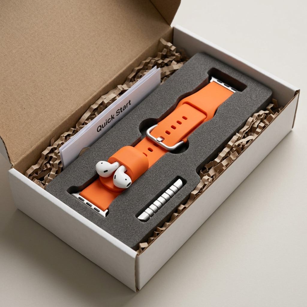 KeyBudz Sync+ Series orange strap and AirPod dock securely packed in protective foam shipping box.