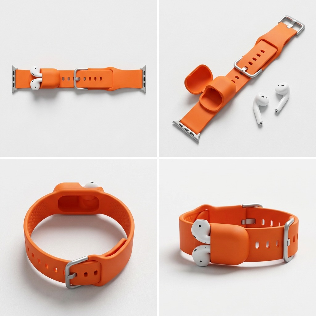A four-view matrix of the KeyBudz Sync+ Electric Orange FKM Apple Watch strap with AirPods dock.