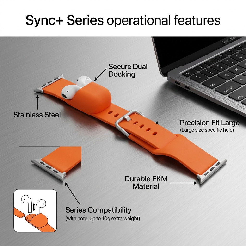 KeyBudz Sync+ Series Electric Orange Apple Watch strap with AirPods docking and stainless steel.