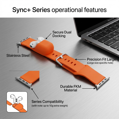 KeyBudz Sync+ Series Electric Orange Apple Watch strap with AirPods docking and stainless steel.