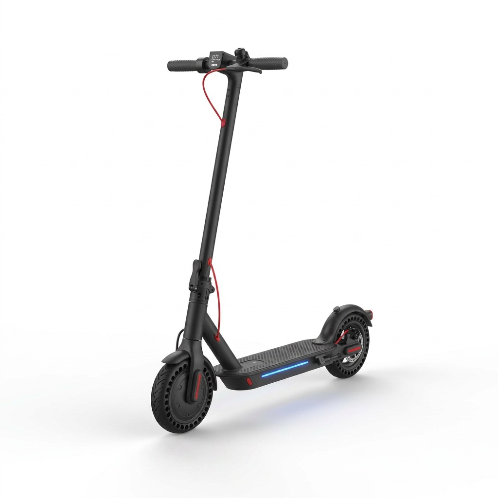 Front three-quarter view of a foldable electric scooter with integrated LED lights on a white background.