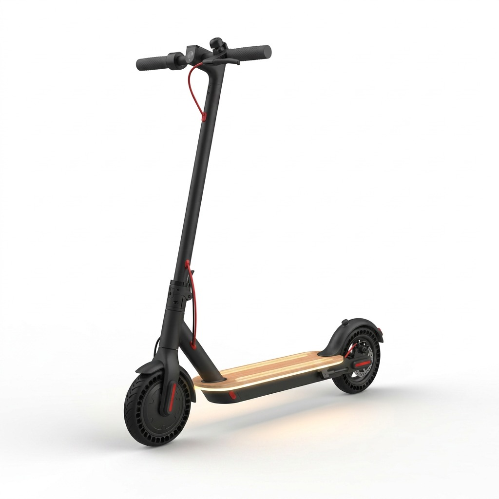 High-resolution 3/4 front view of the Sharp S9 electric scooter with wooden deck on white.