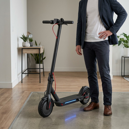 Scale reference photo: SHARP S7 e-scooter next to an adult male for clear size assessment.