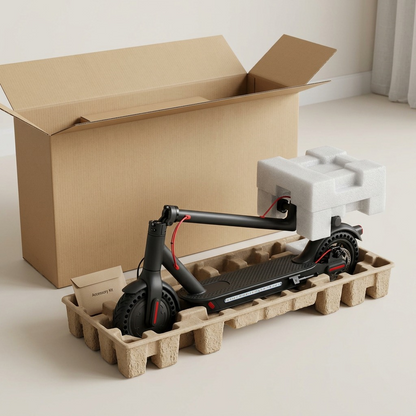 A realistic unboxing scene showing the SHARP S7 scooter secure in custom foam within a shipping box.