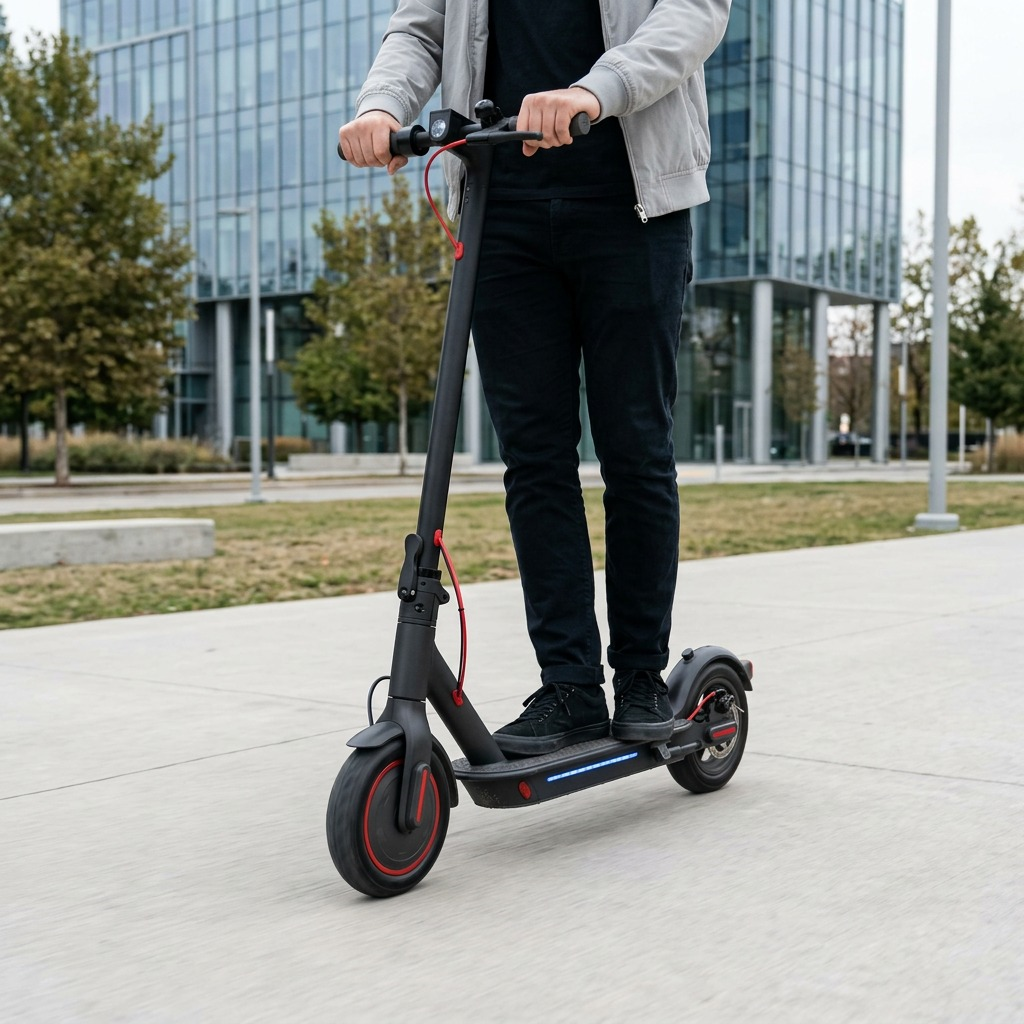 A documentary-style lifestyle photo of a person in casual attire riding the SHARP S7 e-scooter on a city park path.