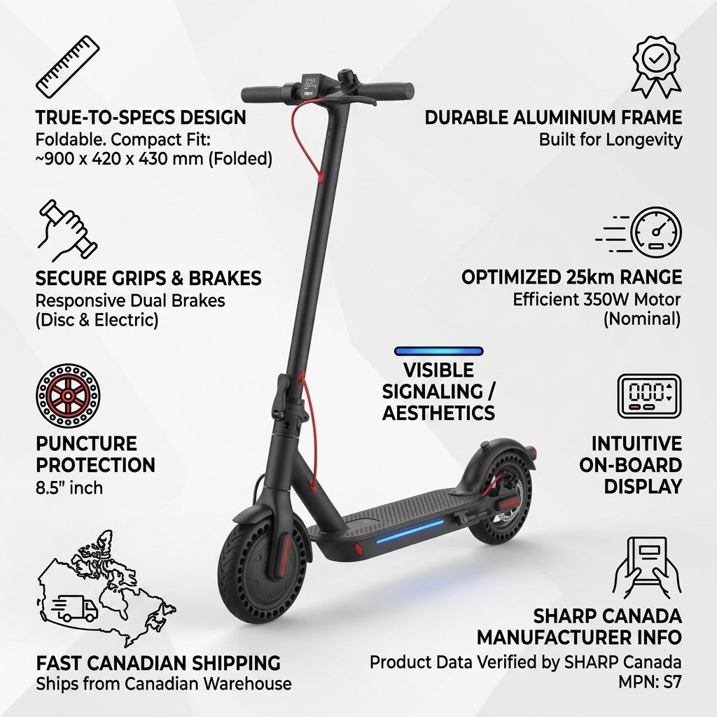 An ecommerce infographic featuring the SHARP S7 Ultra-Light electric scooter surrounded by icons for trust-building features.