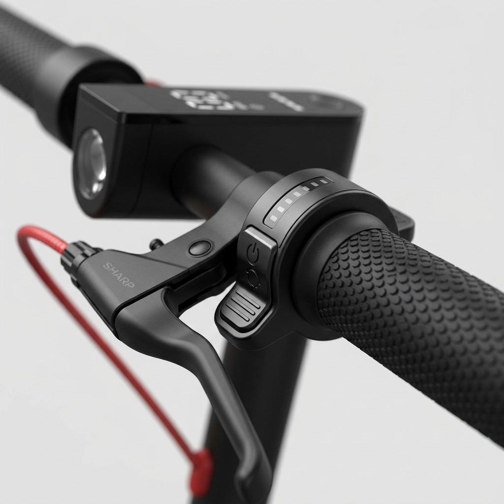 A macro close-up captures the fine textures of the SHARP S7 scoot's textured handgrip and mode thumb-button.