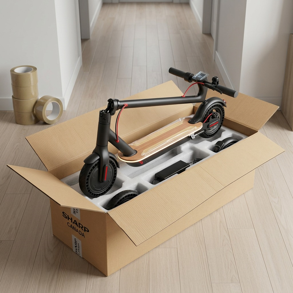 An open, heavy-duty cardboard shipping box revealing the black Sharp S9 e-scooter protected by custom-molded foam inserts.