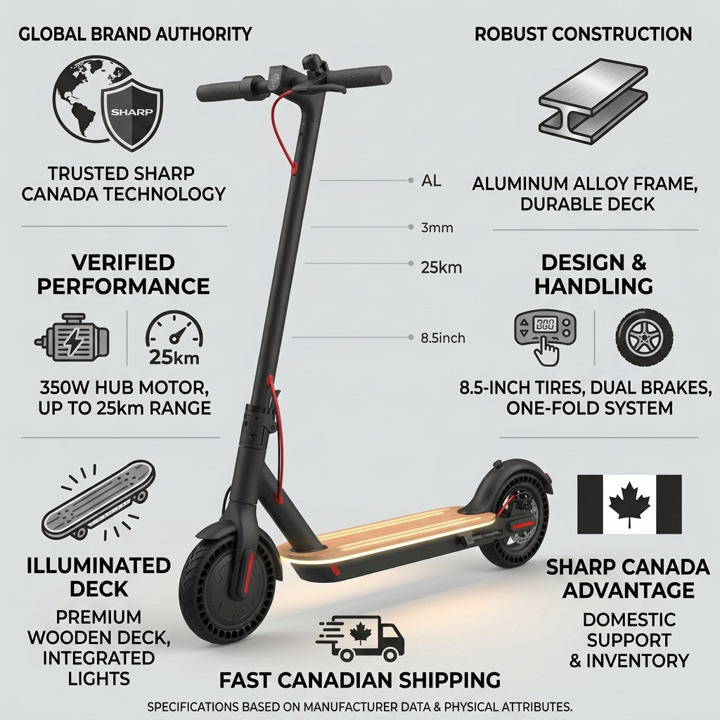 Infographic matrix showing a SHARP S9 electric scooter with facts on features, build quality, and SHARP Canada support.