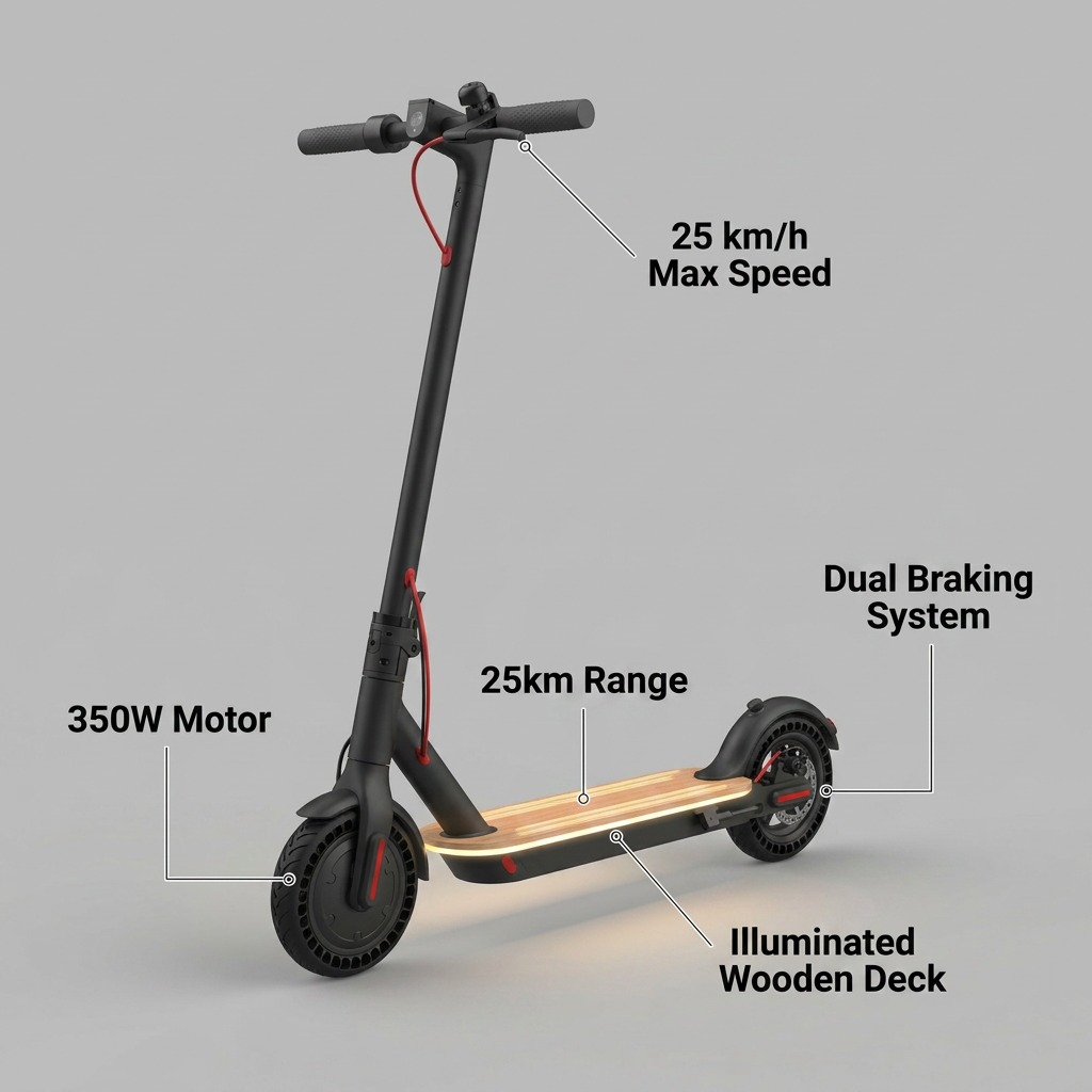 Product callout image for the Sharp S9 scooter with motor, range, and backlit wooden deck details.