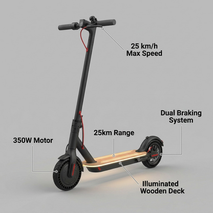 Product callout image for the Sharp S9 scooter with motor, range, and backlit wooden deck details.