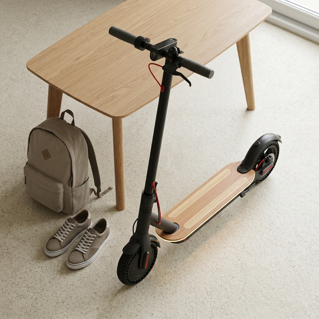 Scale image showing the SHARP S9 scooter next to a coffee table and backpack in an apartment.
