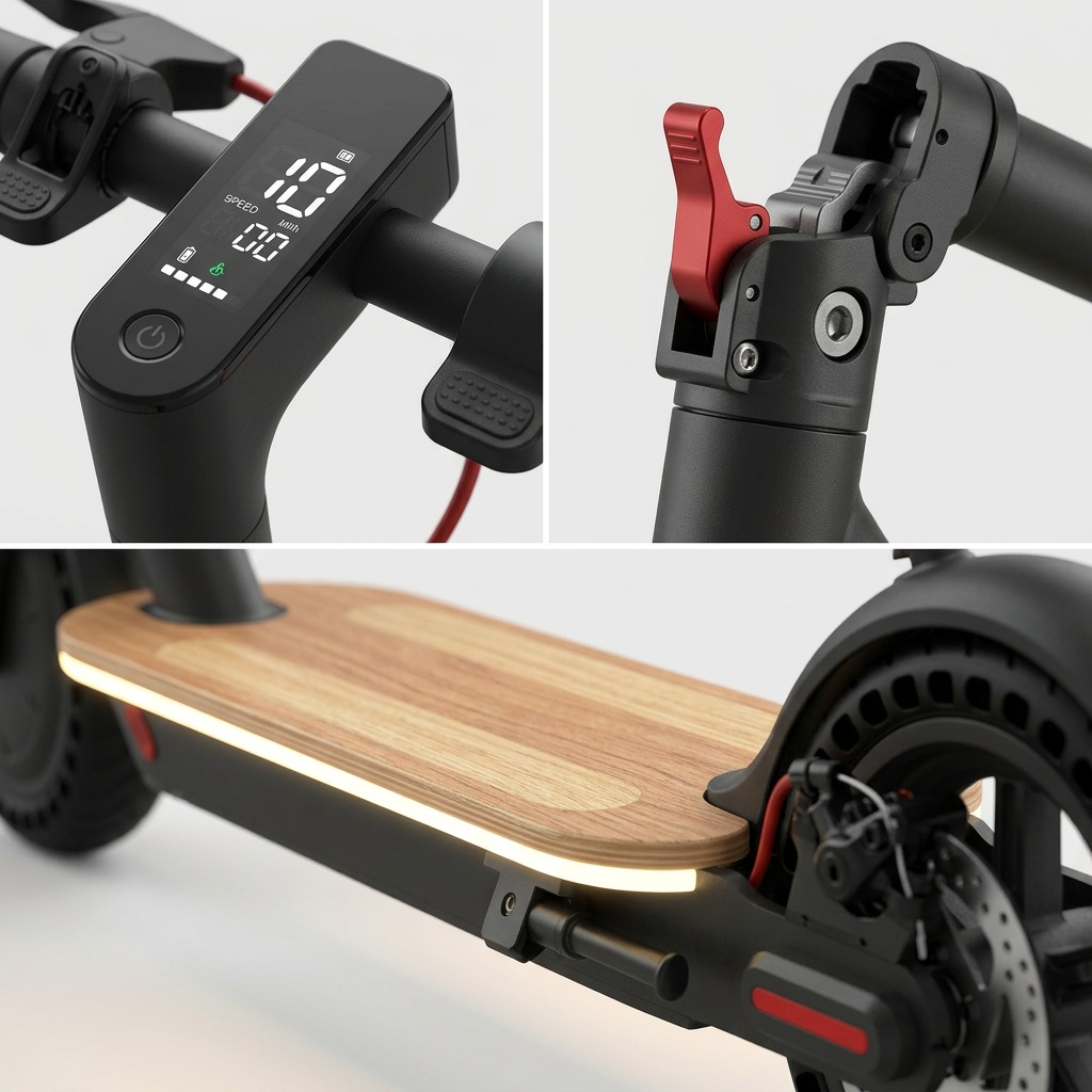 Macro matrix of SHARP S9 details: digital interface, heavy-duty folding latch, illuminated bamboo deck.